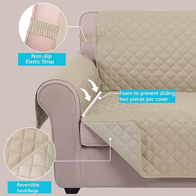 U-NICE HOME 4 Seater Sofa Cover 91 Inch Large Couch Covers for 4 Cushion Couch with Elastic Straps Water Resistant Furniture Protector Cover for Pets Cat (Sofa XX-Large, Sand/Beige)