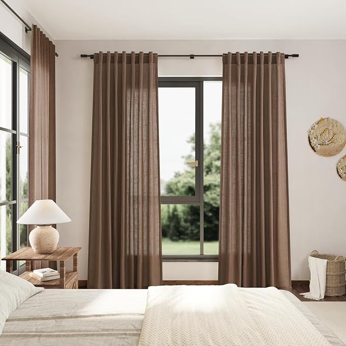 Caramel Brown Linen Curtains for Living Room Extra Long 112 Inches Long Back Tab Light Filtering Semi Sheer Curtain Vintage Rustic Decor Floor to Ceiling High Window for Bedroom 52x112, 2 Panels