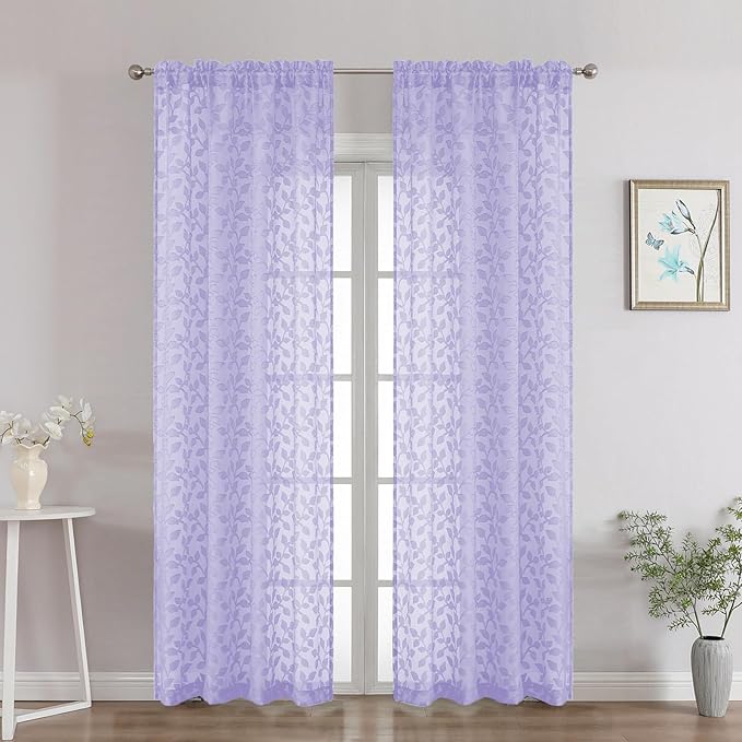 Chyhomenyc Light Purple Sheer Curtains 84 Inch Length 2 Panels Set, Light Filtering Tufted Textured Soft Airy Rod Pocket Gentle Leaf Window Treatment Drapes for Bedroom Living Room, 42" Wx84 L, 2PCS