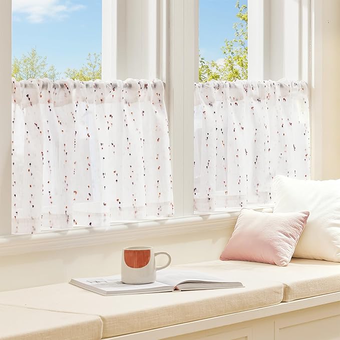 jinchan Valance Curtains for Windows 16 Inch Colorful Mini Pom-Pom Country Farmhouse Kitchen Valance Semi Sheer Voile Samll Window Treatment for Bedroom Living Room Rod Pocket 1 Panel Amber Bloom
