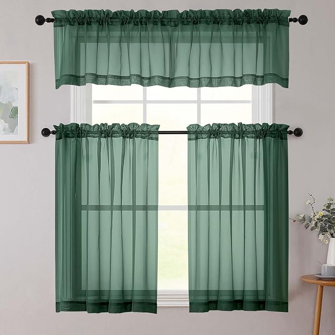 Hunter Green Kitchen Curtains 30 Inch Length Tier 2 PCS, Solid Soft Half Curtains for Windows, Hunter Green Sheer Rod Pocket Drapes for Bathroom Basement Small Window Curtain, 42"Wx30"L Inch
