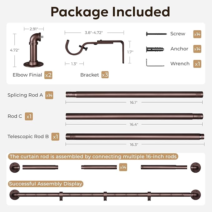 Zeerobee Curtain Rods for Windows 120 to 240, 1 Inch Industrial Wrap Around Matte Dark Brown Curtain Rod, Indoor/Outdoor Room Divider Adjustable Drapery Pole, 120"-240"