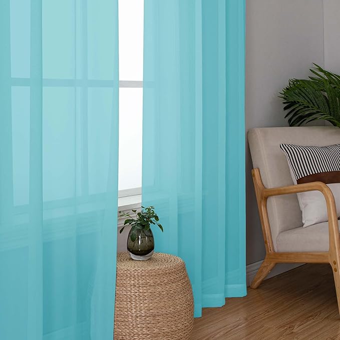 OWENIE Sheer Aqua Curtains for Bedroom Living Room 63 Inch Length 2 Panels Set, Modern Soft Solid Light Filtering Sheer Curtains for Dining Room, Rod Pocket Window Treatments, Aqua, 42" Wx63 L