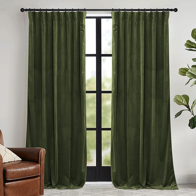 RYB HOME Olive Green Velvet Curtains with Hook Tape, Thermal Insulated Privacy Protect Decorative Drapes for Home Theater, W 42 x L 84 inches, 2 Panels Set