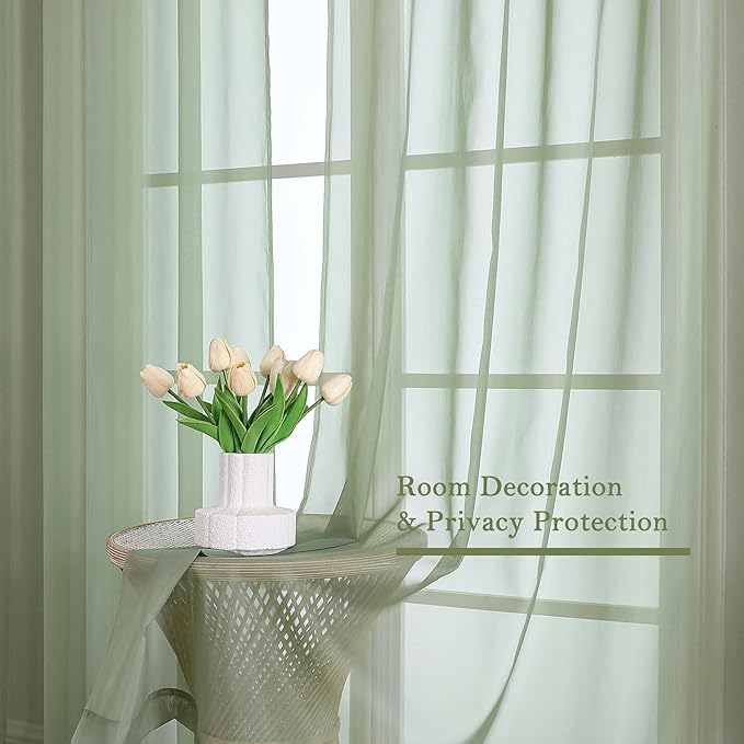 Lecloud Sage Green Sheer Curtains 96 Inches Long 2 Panels, Solid Airy Voile Dual Rod Pocket Sheer Curtains, Elegant Light Filtering Window Curtain Drapes for Living Room Bedroom Balcony, 59" W x 96" L