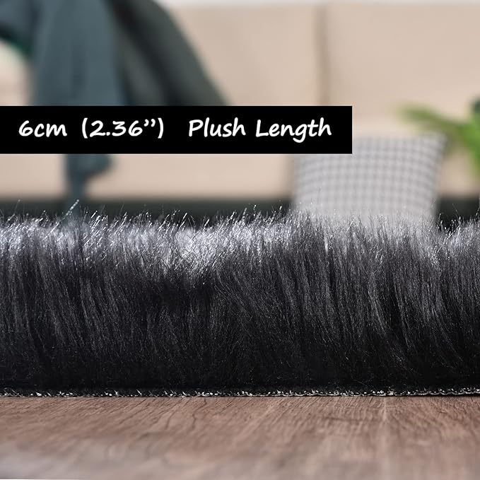Goolela Black Fluffy Faux Fur Rug 2x3 Black Fuzzy Furry Sheepskin Rug Small Carpet for Bedroom Dorm Bathroom Washable Rectangle