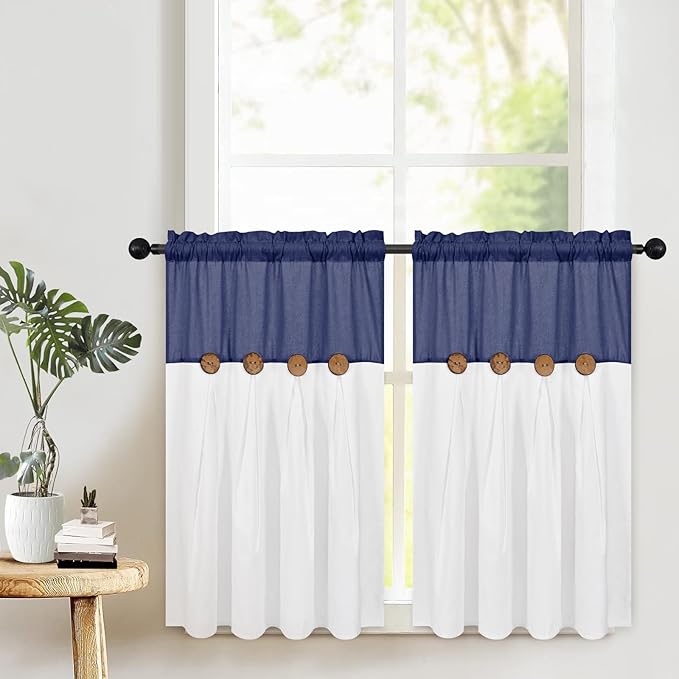 FRAMICS Boho Kitchen Curtains, 36 Inch Length, Farmhouse Cotton Linen Tier Curtains, Navy Blue, 26x36