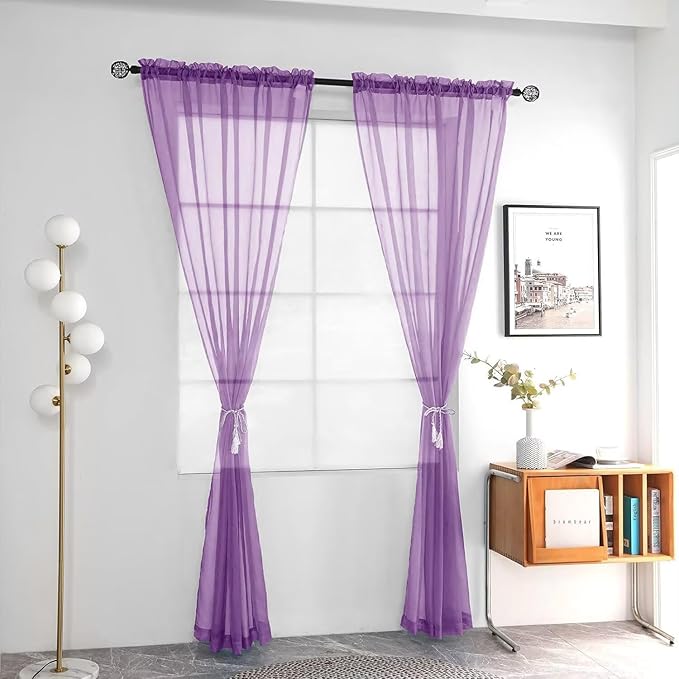 youleyar Solid Sheer Rod Pocket Curtain Voile Draperies 2 Panels White Beige Black Ivory Coffee 26 Inch Width 30 Inch Long 1 Pair for Kitchen Bedroom Children Living Room Yard(Lavender,26W x 30L)