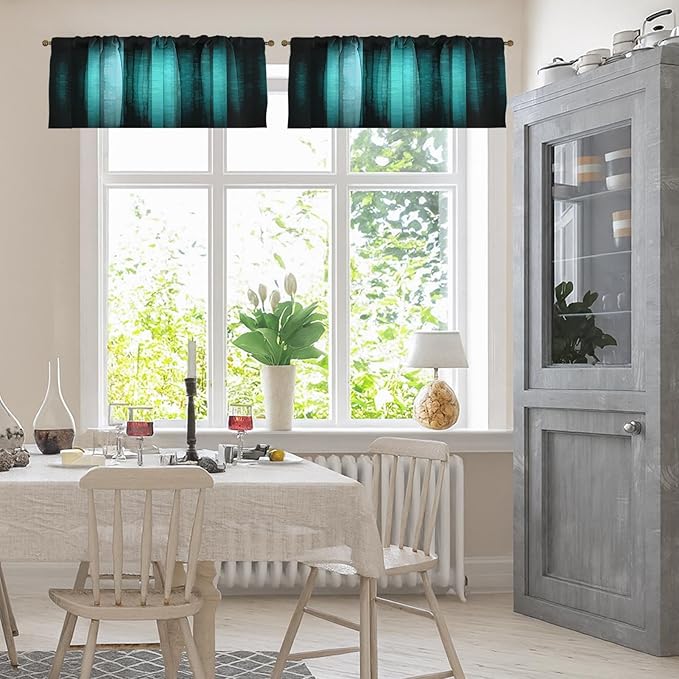 Emvency 2 Pack Valances Window Treatments, Teal Striped Abstract Glass Texture Blackout Drapes Adjustable Curtain for Windows Living Room Kitchen Over Sink, 52x18 Inch Rod Pocket Valances