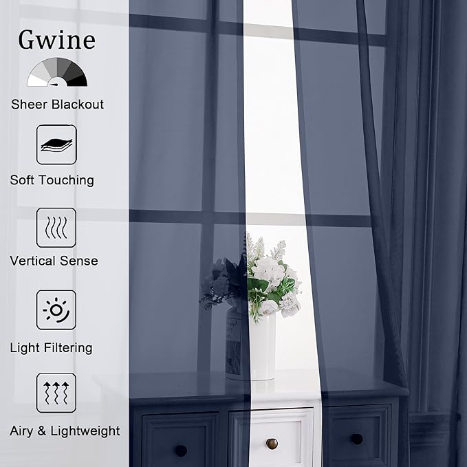 Gwine Navy Blue Sheer Curtains for Bedroom 54 inches Long 2 Panels, Light Filtering Voile Rod Pocket Curtains, Airy Transparent Sheer Drapes for Living Room, Each 42" Wx54 L