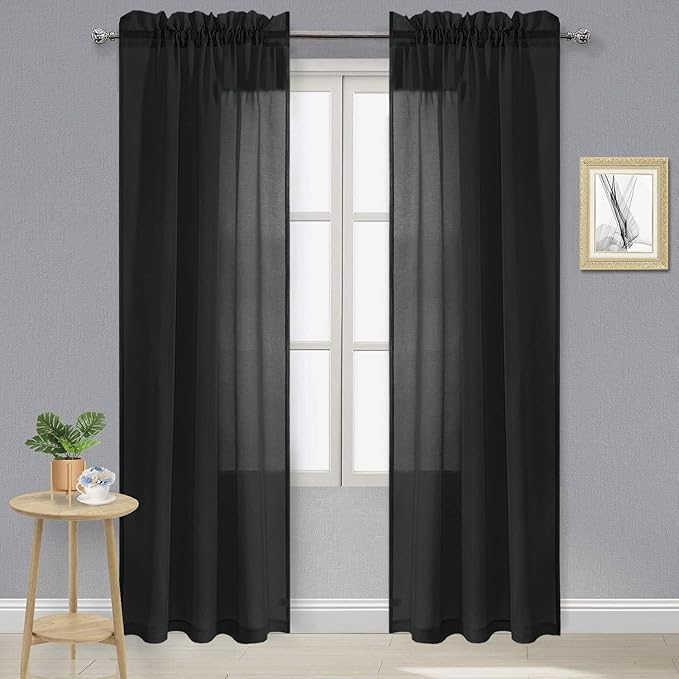 DWCN Black Sheer Curtains Semi Transparent Voile Rod Pocket Curtains for Bedroom and Living Room, 42 x 84 inches Long, Set of 2 Panels
