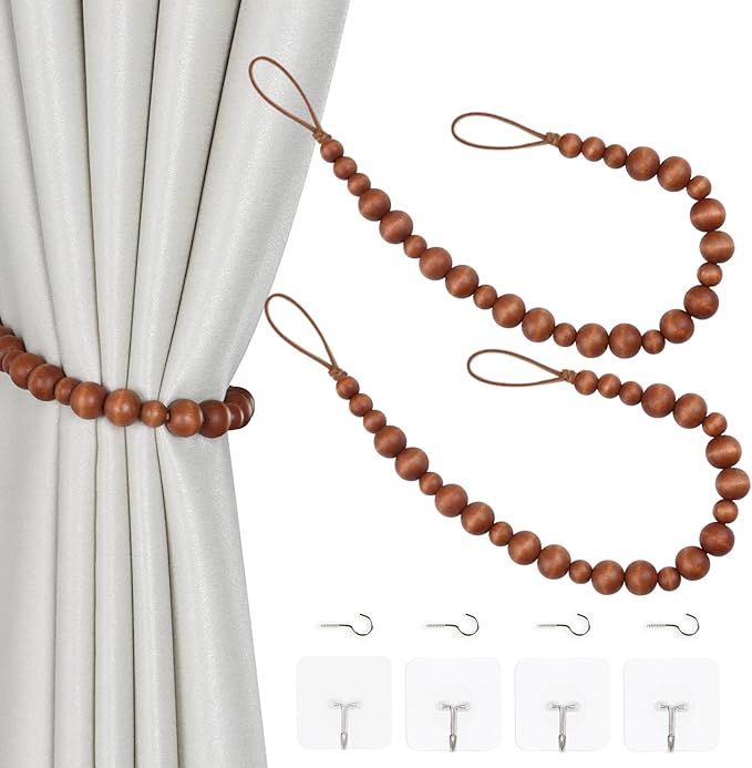 OCIOLI 2 Pieces Curtain Tieback Wood Bead Curtain Tiebacks Curtain Holdbacks for Wall Curtain Ties Window Treatment Curtain Tie Backs with Hooks Curtain Pull Backs (Coffee,2)