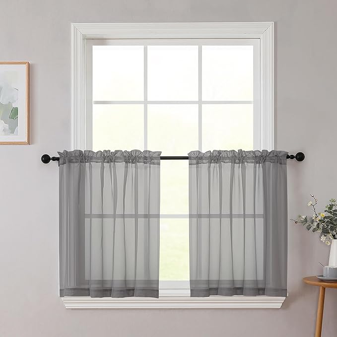 Kitchen Curtains 24 Inch Length Tier 2 Pieces, Grey Sheer Curtain Solid Soft Sheer Short Curtains for Windows, Cafe Bathroom Basement Rod Pocket Drapes, Grey, Each 42" Wx24 L Inch