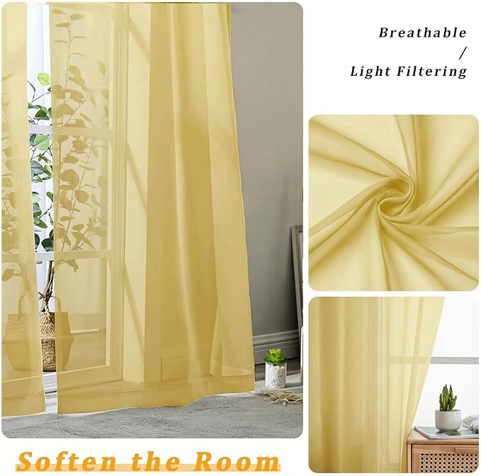 Gwine Extra Long Sheer Curtains 120 Inches Long - Light Filtering Rod Pocket Window Curtain Panels for Bedroom, Elegant Soft Voile Living Room Sheer Drapes, Each 42Wx120L, 10FT, 2 Panels, Yellow