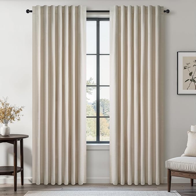 Topfinel Linen Blackout Curtains 86 Inches Long for Bedroom 2 Panels Set 100% Blackout Drapes for Living Room Window Treatment Modern Farmhouse Back Tab Rod Pocket Beige White Drapes