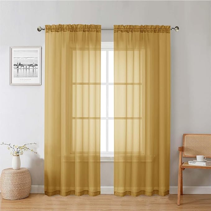 Lecloud Gold Sheer Curtains 78 Inches Long 2 Panels, Breathable Solid Voile Light Filtering Curtain, Lightweight Home Decor Drapes with Rod Pocket for Bedroom Living Room, Each 42" W x 78" L