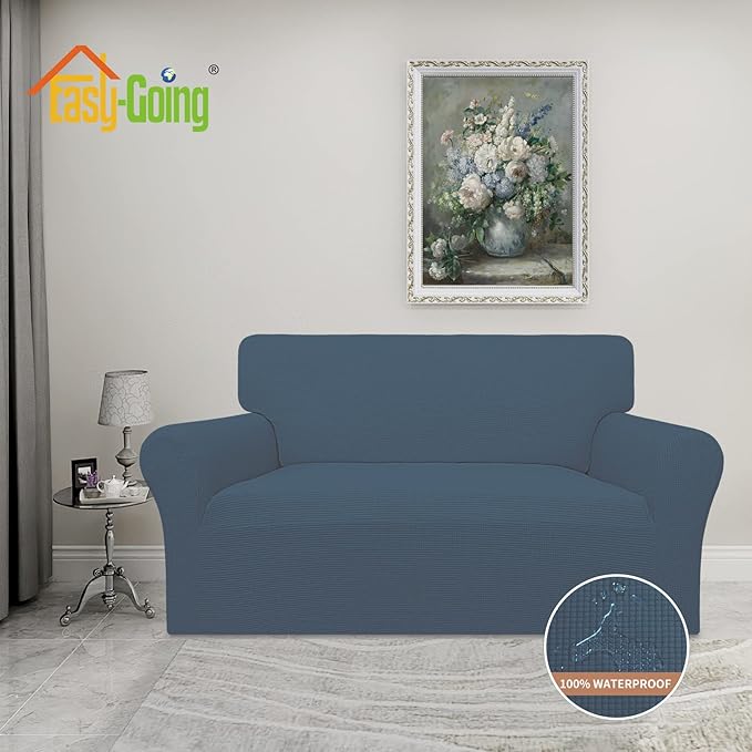 Easy-Going 100% Waterproof Loveseat Couch Cover, Dual Waterproof Sofa Cover, Stretch Jacquard Sofa Slipcover, Leakproof Furniture Protector for Kids, Pets, Dog and Cat (Loveseat, Bluestone)
