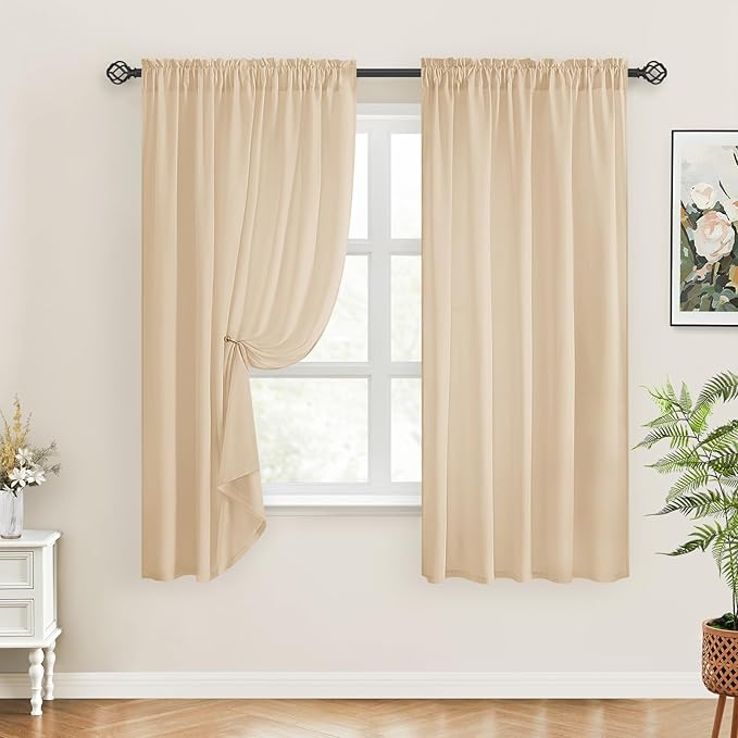 HOMEIDEAS Non-See-Through Beige Privacy Sheer Curtains, 52 X 54 Inches Long 2 Panels Taupe Sheer Curtains Light Filtering Window Drapes for Bedroom Living Room