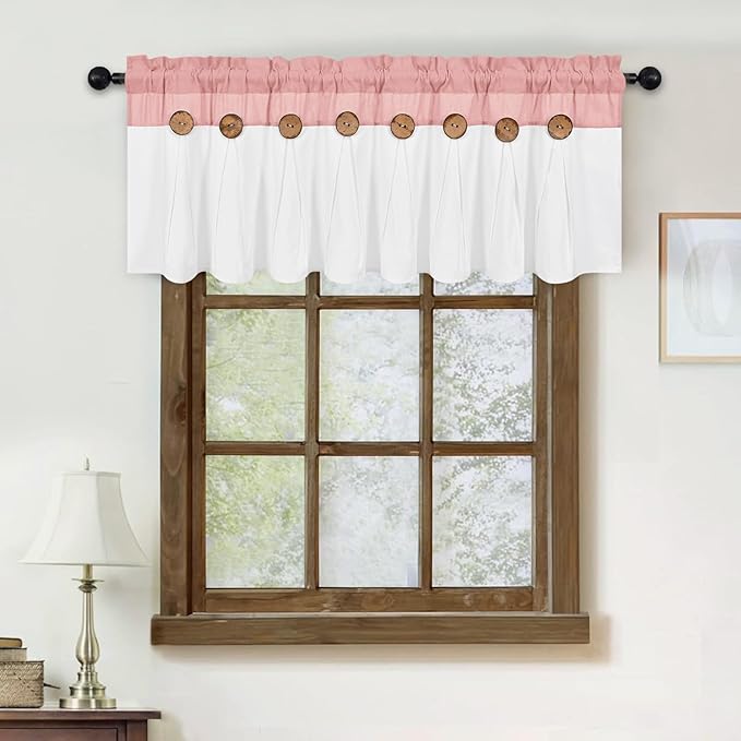 FRAMICS Farmhouse Valance Curtains, Boho Cotton Linen Kitchen Valance, Pink Rustic Button Window Valances for Kitchen Bathroom, Country Rod Pocket Valances for Window, Pink and White, 52 x 18 Inch