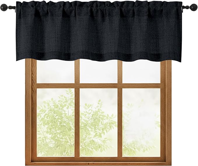 OWENIE Black Valances for Windows 1 Pcs, Light Filtering Textured Farmhouse Short Small Valance Curtains for Bathroom Basement Living Room Bedroom, Rod Pocket Half Curtains Over Sink, 60" W by 16" L