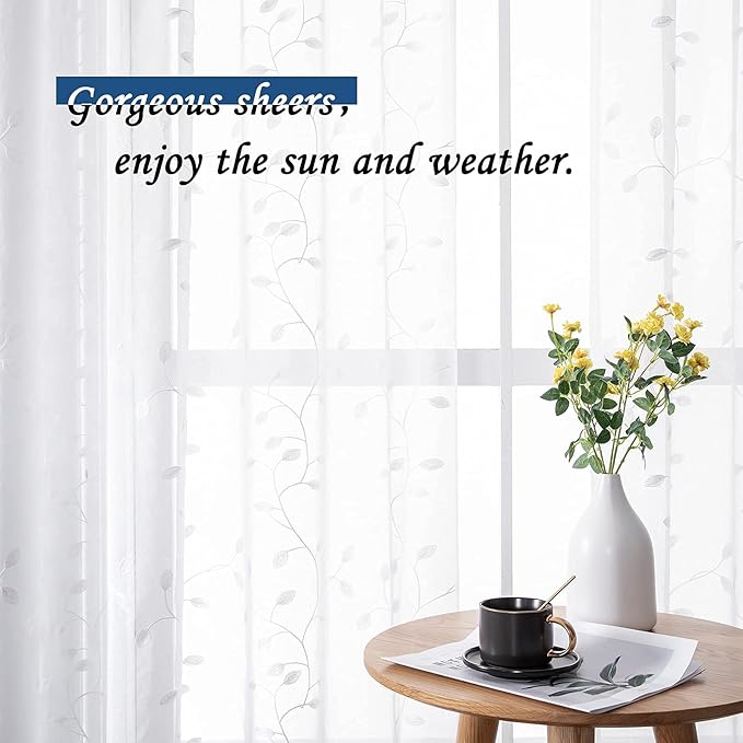 MRTREES Sheer Valance Curtain, 2 Panels Christmas Sheer Curtains Valances Rod Pocket, Voile Leaves Embroidered Topper Curtains for Bedroom Living Room Window Treatment(White Leaves, 54x16 Inches)