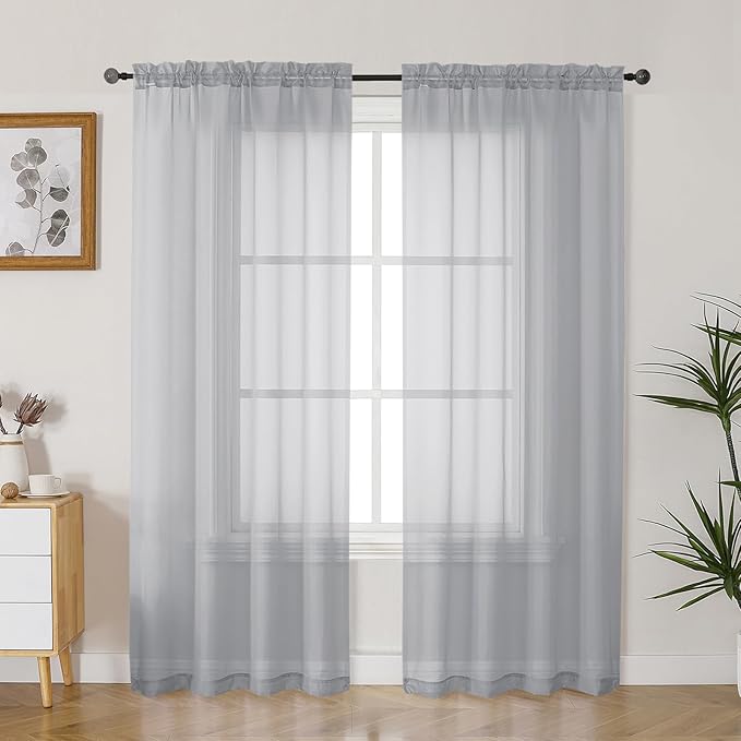 Gwine Light Grey Sheer Curtains 72 Inches Long 2 Panels Set for Front Door, Light Filtering Sheer Curtains for Living Room, Rod Pocket Window Treatments Drapes, Each 42" Wx72 L