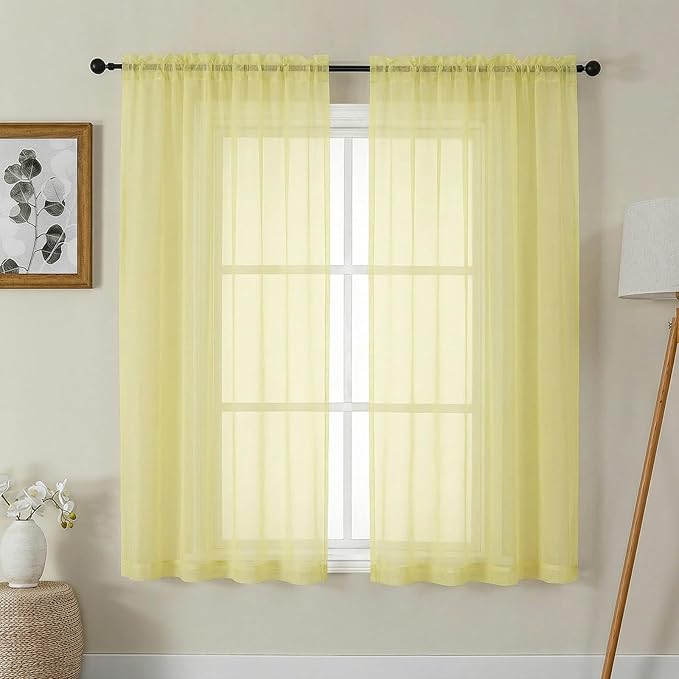 Gwine Light Yellow Sheer Curtains 63 Inch Length for Living Room 2 Panels, Light Filtering Rod Pocket Window Curtain Treatment for Bedroom, Voile Elegant Sheer Drapes，Each 42Wx63L