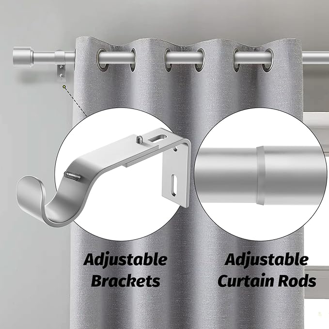 GEEBOBO Silver Curtain Rods for Windows 28 to 48 Inch, 1 Inch Adjustable Heavy Duty Easy Install Curtain Rods Set for Outdoor, Patio, Farmhouse, Bedroom, Living Room (Silver, 30"-60")