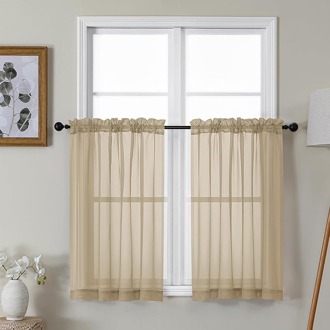 Gwine Taupe Sheer Kitchen Curtains 36 Inch Length, Light Filtering Voile Soft Airy Small Cafe Curtains, Short Window Curtain for Bathroom Basement, 42x36 inch, 2PCS
