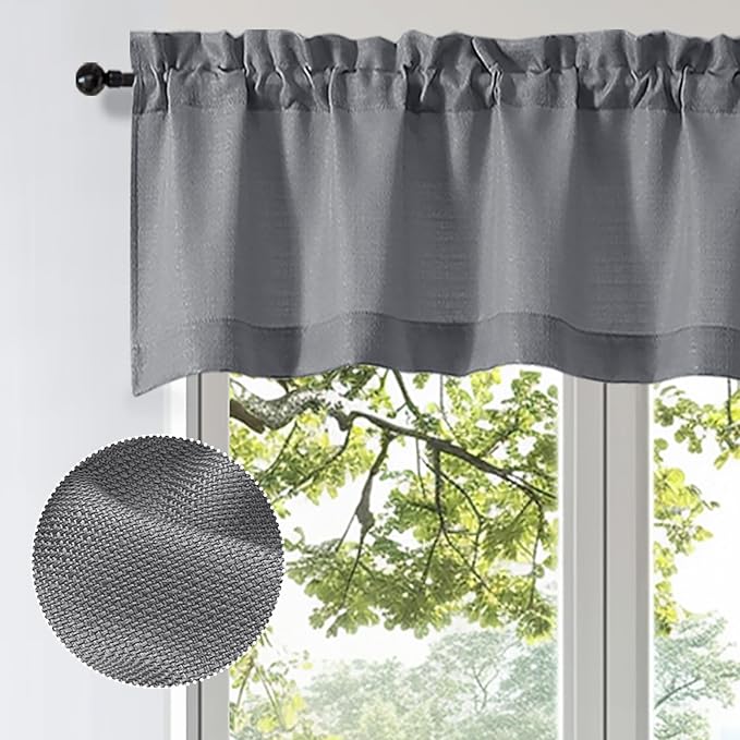 OWENIE Bob Valance Curtains 18 Inch Length 1 Piece, Faux Linen Slub Solid Dark Grey Kitchen Valance for Bedroom Living Room, Farmhouse Soft Airy Rod Pocket Small Window Curtain, Each 60Wx18L Inch
