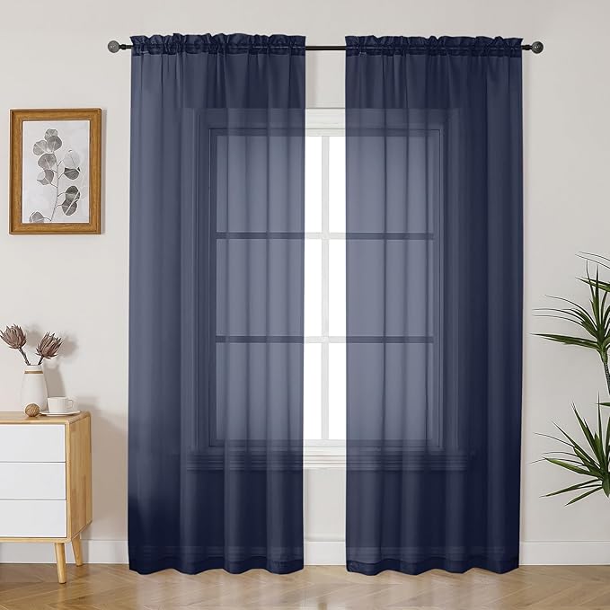 Gwine Navy Blue Sheer Curtains 84 Inches Long 2 Panels Set for Living Room, Rod Pocket Voile Bedroom Curtains, Light Filtering Solid Window Sheer Panels, Each 42" Wx84 L