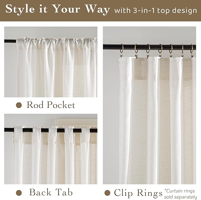 RYB HOME Sheer Curtains 108 inches Long Linen Blend Vertical Extra Long High Ceiling Window Drapes for Living Room, Office, Nursery, Rod Pocket & Back Tab, Ivory, W 52 x L 108 inch, Set of 2