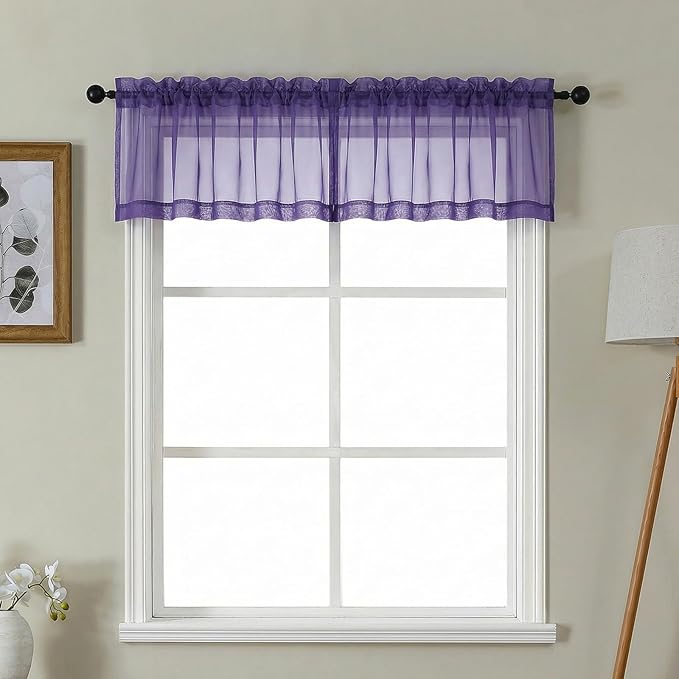 Gwine Small Valances for Windows - Light Filtering Short Window Curtain Valance, Soft Topper Treatment Sheer Curtain for Bathroom Laundry Basement, Each 42Wx14L inch, 2 Panels, Purple