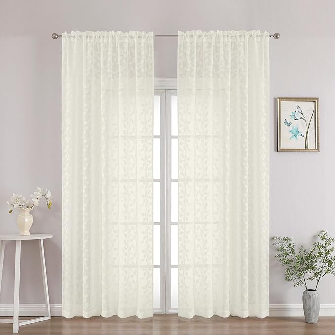 Chyhomenyc Ivory Sheer Curtains 90 Inch Length 2 Panels Set, Light Filtering Tufted Textured Soft Airy Rod Pocket Gentle Leaf Window Treatment Drapes for Bedroom Living Room, 52" Wx90 L, 2PCS