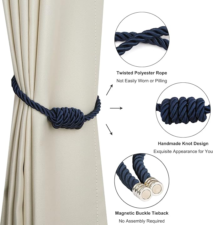 BEL AVENIR Magnetic Curtain Tiebacks, Decorative Drapery Holdbacks Modern Woven Tie-Backs with Exquisite Knot (Navy, 2 Pack)