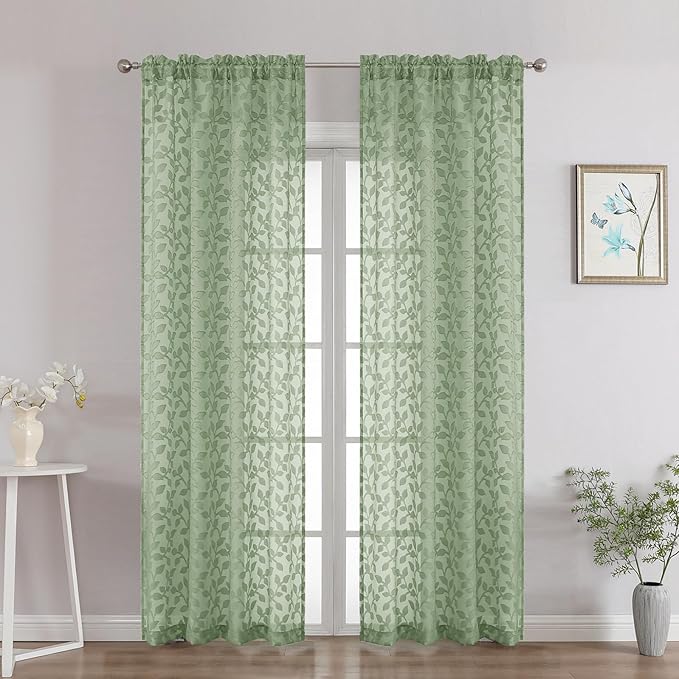 Chyhomenyc Sage Green Sheer Curtains 84 Inch Length 2 Panels Set, Light Filtering Tufted Textured Soft Airy Rod Pocket Gentle Leaf Window Treatment Drapes for Bedroom Living Room, 42" Wx84 L, 2PCS