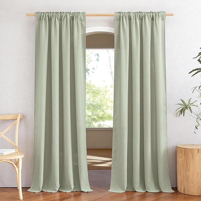 NICETOWN Sage Green Curtains for Living Room, Rod Pocket & Back Tab Natural Linen Blend Semi Sheer Window Treatments Privacy with Light Filtering for Bedroom/Nursery, W52 x L84, 2 Panels