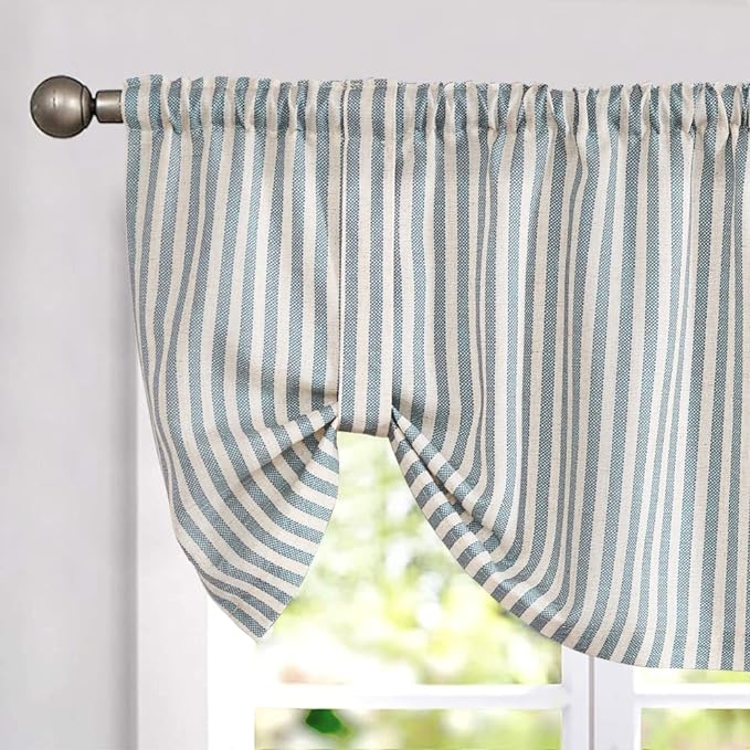 jinchan Tie Up Linen Textured Striped Bow Tie Curtain for Kitchen Bathroom Rod Pocket Pinstripe Valance Window Treatments Ticking Stripe Pull Cord Valance 1 Panel 18 Inch Teal Blue on Linen