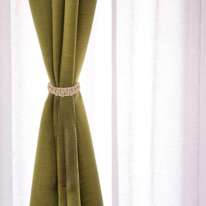 Ptwola 6 Pack Braided Curtain Tiebacks Boho Elegant Rustic Curtain Holdbacks Tie Backs Holders Set Simple Light Weight Drapes Decorative Accessories Handmade for Home Office Bedroom Window (6, Linen)
