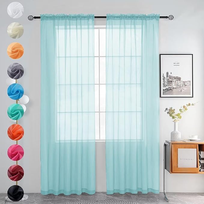 youleyar Solid Sheer Rod Pocket Curtain Voile Draperies 2 Panels White Beige Black Grey Ivory 52 Inch Width 54 Inch Long 1 Pair for Kitchen Bedroom Children Living Room Yard (Sky Blue,52Wｘ54L)