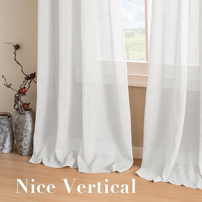 H.VERSAILTEX Linen Curtains Nickel Grommet Natural Linen Semi-Sheer Curtains 2 Panels Privacy Added Premium Soft Rich Material Drapes for Bedroom/Living Room - 37x84 Inch- White