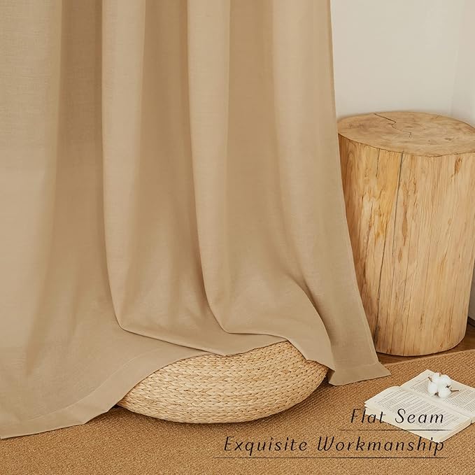 NICETOWN Linen Flax Semi Sheer Curtains 72" Length, Grommet Top Bedroom Window Treatments Privacy with Light Filtering Vertical Drapes for Loft/Bedroom, Burlap, W55 x L72, 2 Panels