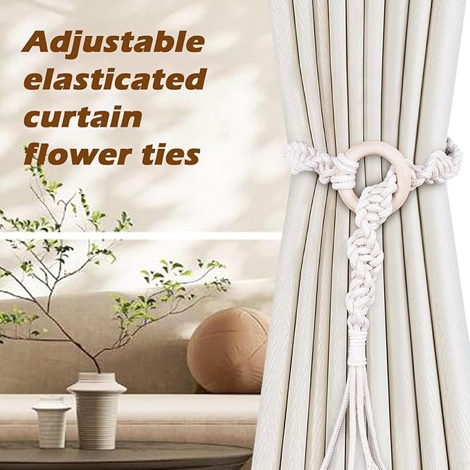 SRG Handmade Boho Curtain Tiebacks Hand Knitting Cotton Curtain Holdbacks with Adjustable Natural Wooden Rings Accessories Wall Decoration for Home Office