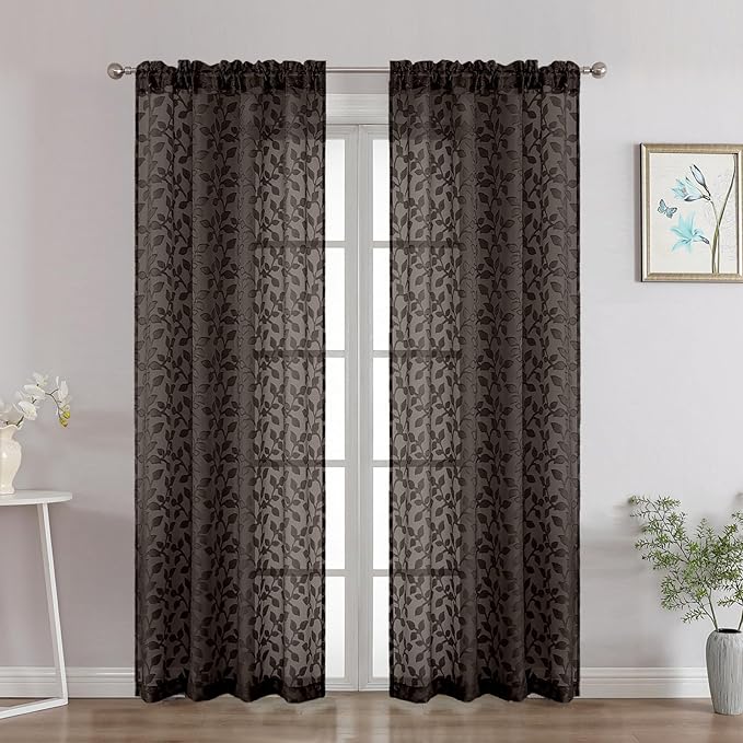 Chyhomenyc Chocolate Sheer Curtains 72 Inches Long 2 Panels Set, Light Filtering Tufted Textured Soft Airy Rod Pocket Elegant Leaf Window Treatment Drapes for Bedroom Living Room, 42" Wx72 L, 2PCS