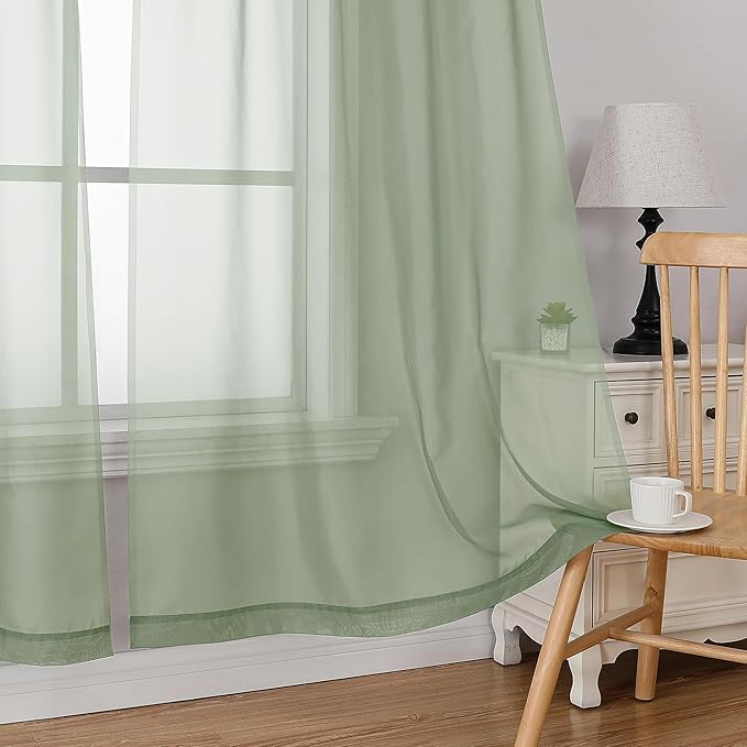 SimpleBrand Sage Short Sheer Drapes Half Window Curtains for Bathroom Small Windows, 42 X 36 Inch, 2 Panels
