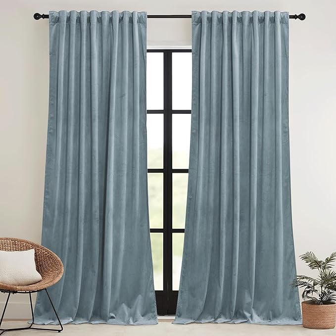 RYB HOME Stone Blue Velvet Curtains 102 inches with Hook Belt, Soft Fabric Room Darkening Thermal Insulated Luxurious Home Decor Curtains for Living Room Bedroom, W 52" x L 102", 2 Panels Set