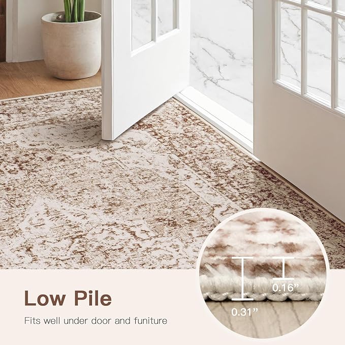 Lofus 2x8 Runner Rug for Hallways, Washable Kitchen Rugs, Non-Slip Rugs for Entryway and Bedroom, Vintage Boho Carpet, Soft Low Pile Long Runner Area Rug, Vintage Beige Brown