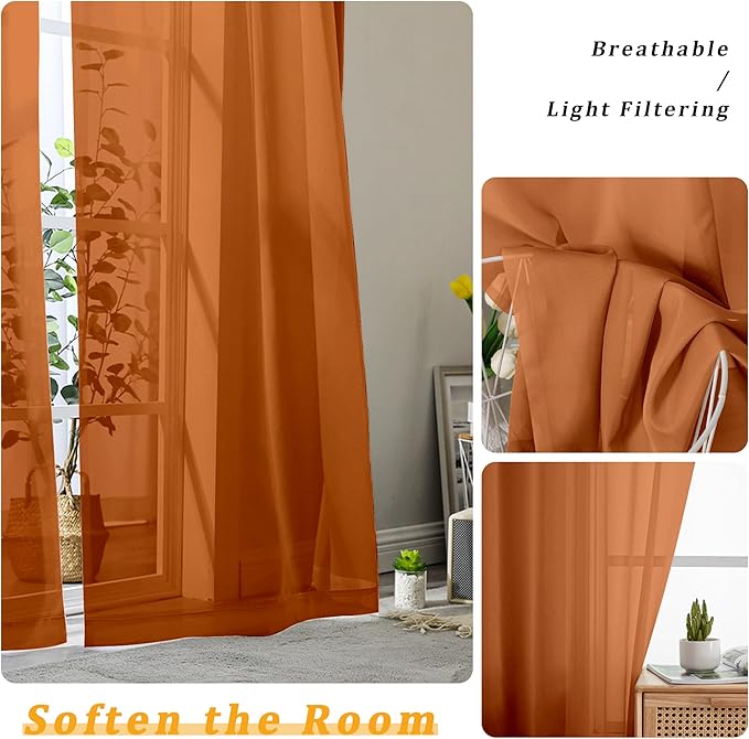 Gwine Burnt Orange Valances for Windows, Small Light Filtering Rod Pocket Cafe Valance Curtains, Soft Fall Sheer Curtain for Bathroom Laundry Basement, 42Wx14L inch, 2 Pieces