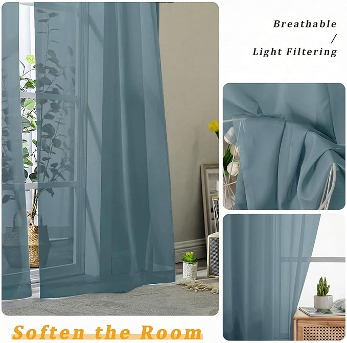 Gwine Extra Long Sheer Curtains 108 Inches Long - Light Filtering Rod Pocket Window Curtain Panels for Bedroom, Elegant Soft Voile Living Room Sheer Drapes, Each 42Wx108L, 9FT, 2 Panels, Dusty Blue