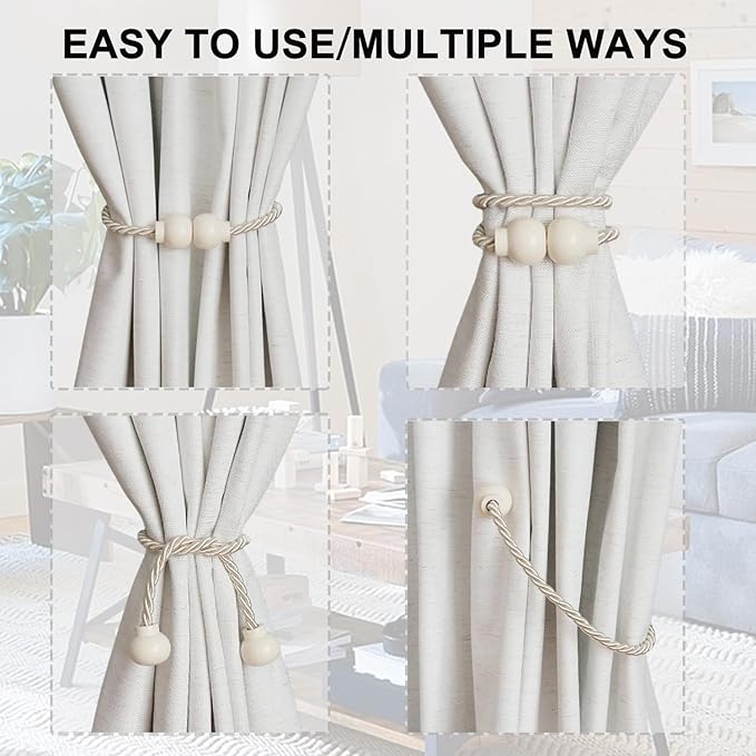 6 Pack Magnetic Curtain Tiebacks Modern Handmade Rope Curtain Tie Backs Decorative Drapes Weave Holdbacks for Home Outdoor Bedroom Office Decorative Curtain, Beige